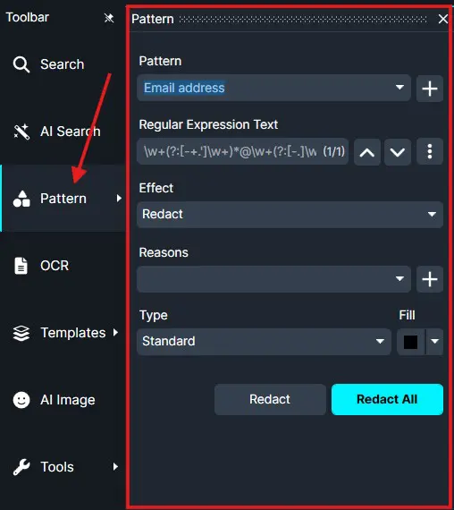 Screenshot of a dark software UI showing a Pattern panel with Redaction settings, including Pattern: Email address, Regular Expression Text, Effect: Redact, and buttons Redact and Redact All.
