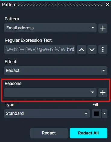 UI for configuring a redaction pattern: fields for Pattern type (Email address), Regular Expression Text input, Redact effect, Reasons dropdown with plus button, Type (Standard), and action buttons Redact and Redact All.