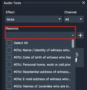 Audio Tools panel showing Mute on All channels; the 'Reasons' dropdown is expanded to reveal a list of checkbox options with #01a–#02a items (canned reasons).
