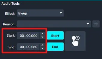 Audio tools panel with Bleep effect selected; Start/End time fields show 00:00.000 and 00:09.580, with Start and End buttons.