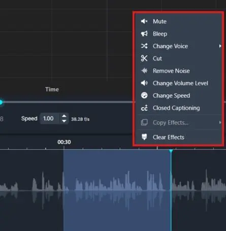 Screenshot of an audio editor with a right-click effects menu showing options like Mute, Bleep, Change Voice, Cut, Remove Noise, Change Volume Level, Closed Captioning, Copy Effects, and Clear Effects over a waveform.