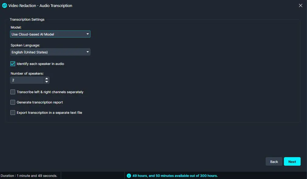auto-transcription-window | CaseGuard Transcription settings panel: Cloud AI model, English (US), identify 2 speakers, with options to split channels, generate a report, export text, and Next button.