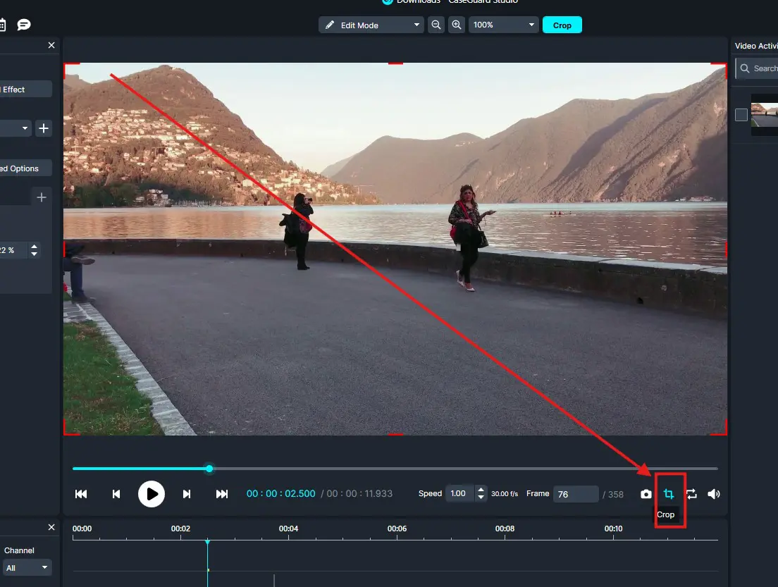 crop-3 | CaseGuard Video editing screen showing a lakeside scene with mountains; a red diagonal crop guide crosses the frame and the Crop button is highlighted.