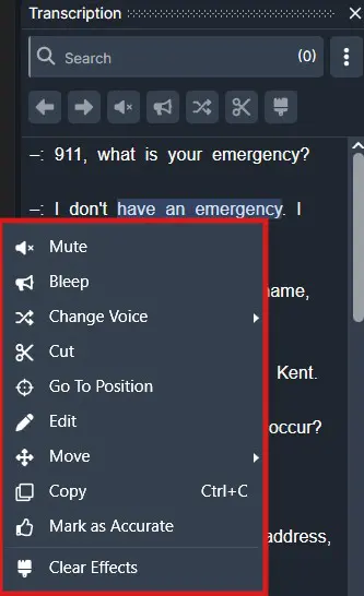 effects | CaseGuard Context menu in a transcription app showing audio controls (Mute, Bleep, Change Voice, Cut, Go To Position, Edit, Move, Copy, Mark as Accurate, Clear Effects)