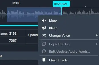 Context menu for an audio clip in a video editor, showing options: Mute, Bleep, Change Voice, Copy Effects, Bulk Update Audio Points, Clear Effects.