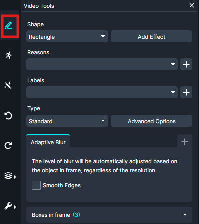 Video Tools dialog with Rectangle shape selected; options for blur and frame boxes, including Adaptive Blur and Smooth Edges checkbox.