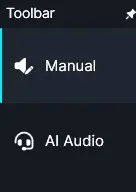 Vertical toolbar showing two options: Manual (active) with a cyan left highlight, and AI Audio below it.