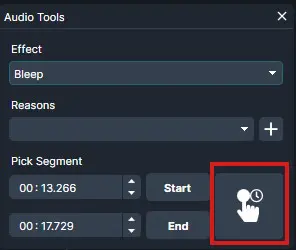 Audio Tools panel with Bleep effect selected, start/end times, and a highlighted button area with a hand cursor.