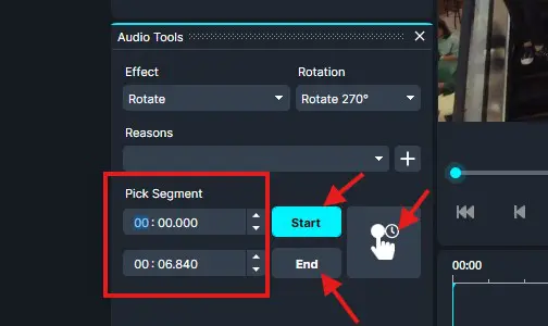 UI panel of Audio Tools showing Pick Segment with start time 00:00.000 and end time 00:06.840; Start button highlighted, End button present, and a cursor over a circular control.