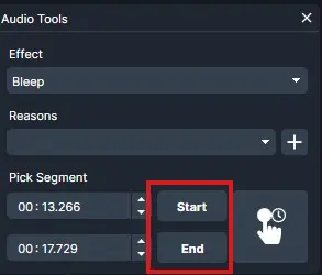 Audio Tools panel showing Bleep effect; Start and End buttons highlighted for the 00:13.266–00:17.729 segment.