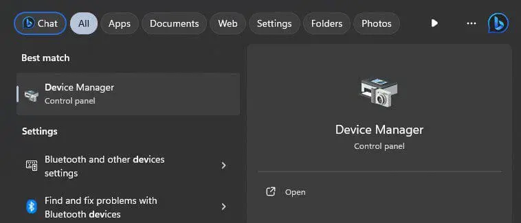 windows-search-result-device-manager | CaseGuard Screenshot of Windows search results showing Device Manager selected in the left pane and a Device Manager card with its icon on the right in dark mode