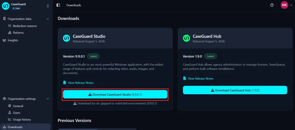 CaseGuard-Install | CaseGuard Downloads page with two product cards: CaseGuard Studio (v9.9.0.1) and CaseGuard Hub (v1.9.0). The blue button reads 'Download CaseGuard Studio (9.9.0.1)' and is highlighted.