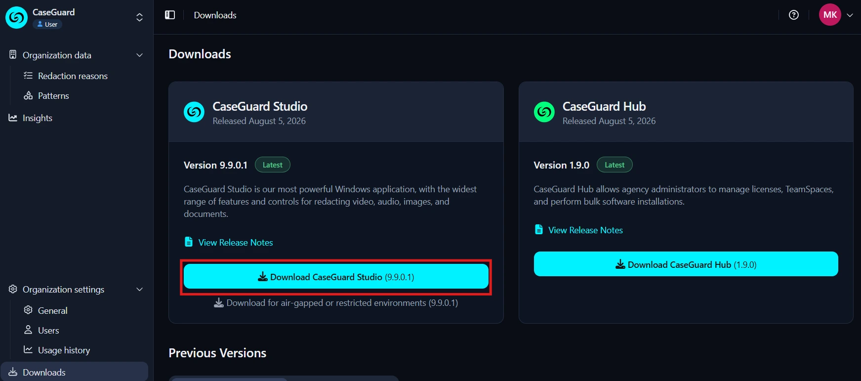 Downloads page with two product cards: CaseGuard Studio (v9.9.0.1) and CaseGuard Hub (v1.9.0). The blue button reads 'Download CaseGuard Studio (9.9.0.1)' and is highlighted.