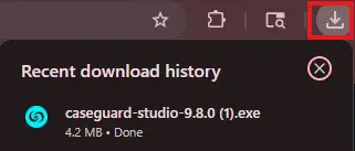 Recent download history panel showing file caseguard-studio-9.8.0 (1).exe, 4.2 MB, Done.