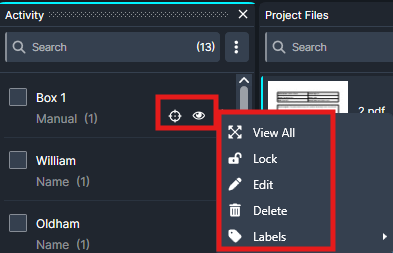 UI: Left activity panel showing items (Box 1, William, Oldham) with gear/eye icons for item options; to the right a project files pane and a context menu listing View All, Lock, Edit, Delete, Labels.