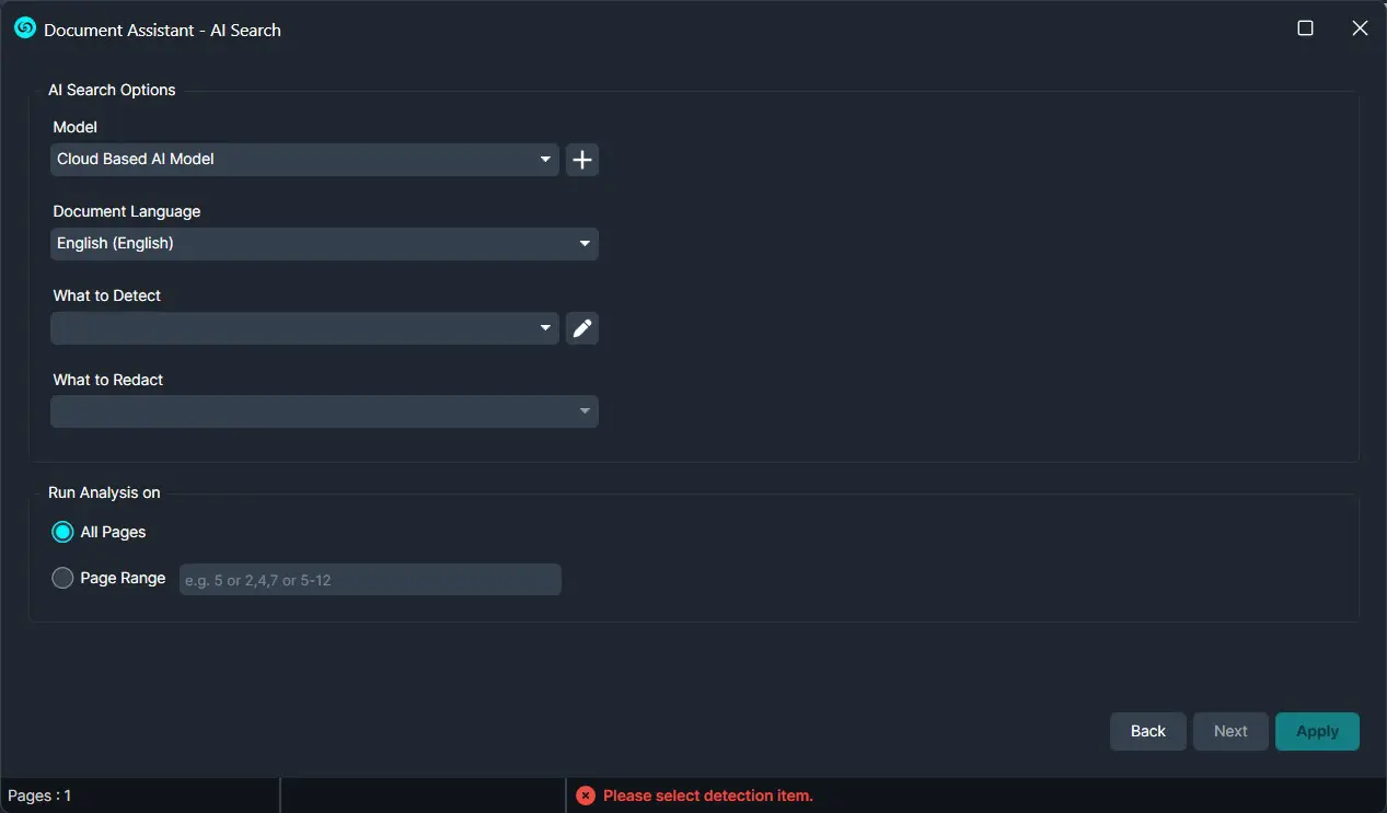 Dialog titled 'Document Assistant - AI Search' with options for model, language, detection and redaction settings; includes Run Analysis on All Pages with page range choices and action buttons (Back, Next, Apply).