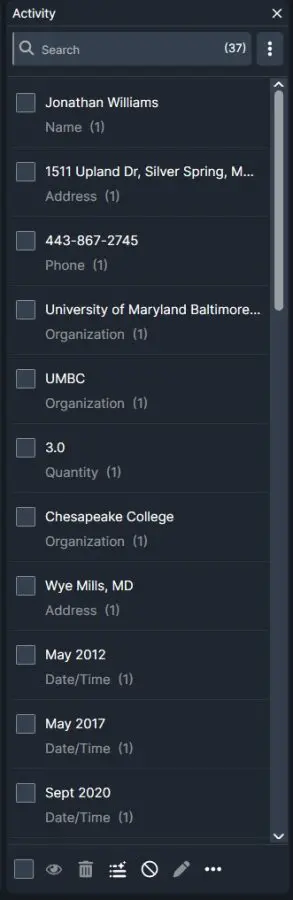 Dark Activity panel with a searchable, scrollable list of items and checkboxes, showing names, addresses, phone numbers, organizations, and dates.