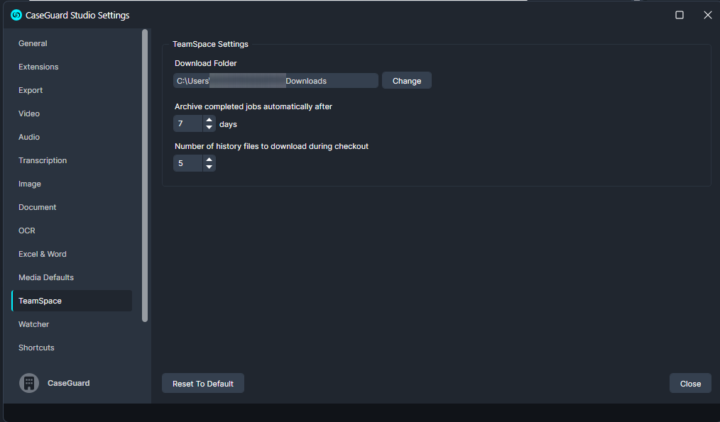 CaseGuard Studio Settings window showing TeamSpace options: Download folder path, archive after [7] days, and number of history files to download during checkout with Reset and Close buttons