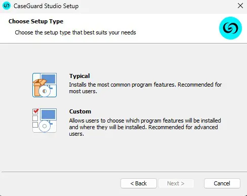 CaseGuard Studio Setup dialog with two setup options—Typical (default features) and Custom (choose features)—and navigation buttons (Back, Next, Cancel).