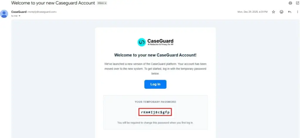 Screenshot of a CaseGuard welcome email with the logo, a blue Log In button, and a highlighted temporary password.