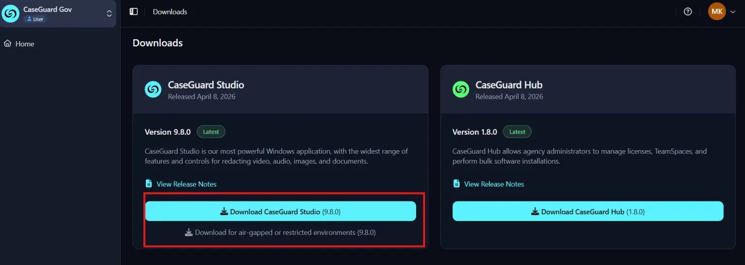 Downloads page with two product cards; the blue'Download CaseGuard Studio (9.8.0)' button is highlighted, plus an air-gapped note below it.