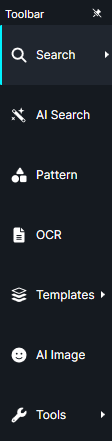 Vertical dark left sidebar navigation with items: Search, AI Search, Pattern, OCR, Templates, AI Image, Tools.