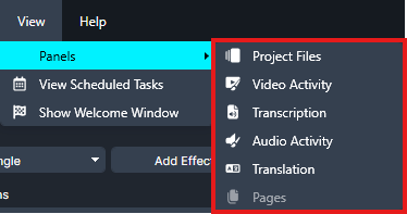 Drop-down panel menu showing available panels: Project Files, Video Activity, Transcription, Audio Activity, Translation, Pages (disabled)