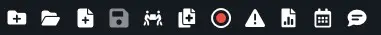 Row of white utility icons on a dark toolbar (open, save, print, calendar, chat, and alert).