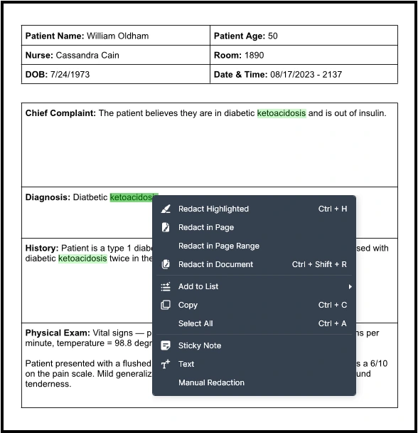 highlight-text | CaseGuard Medical patient chart showing William Oldham, 50, in room 1890, DOB 7/24/1973, date/time 08/17/2023 21:37; Chief Complaint: possible diabetic ketoacidosis and insulin deficiency; Diagnosis: diabetic ketoacidosis highlighted; History notes type 1 diabetes with ketoacidosis; physical exam and vitals summarized below.