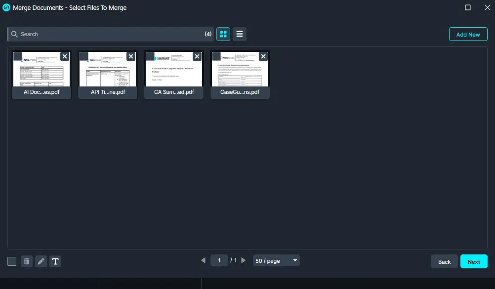 merge-doc-windows | CaseGuard Screenshot of a document-merge interface with four PDF thumbnails selected, a search bar at the top, and Back/Next controls at the bottom right.