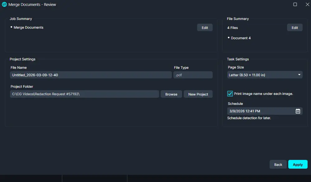 merge-documents-review | CaseGuard Merge Documents - Review dialog: left shows Job Summary, center Project Settings with Untitled_... .pdf and path, right shows File Summary and Schedule options with checkbox for printing image names under images, and Apply button