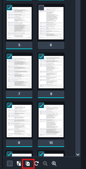 Extract-Pages | CaseGuard Grid of document thumbnails numbered 5–10 with checkboxes; bottom toolbar shows a highlighted export/share action button.