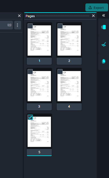 Pages-Tab-2 | CaseGuard Pages panel with five document page thumbnails labeled 1 to 5; page 5 is selected (checkbox checked), others unselected.