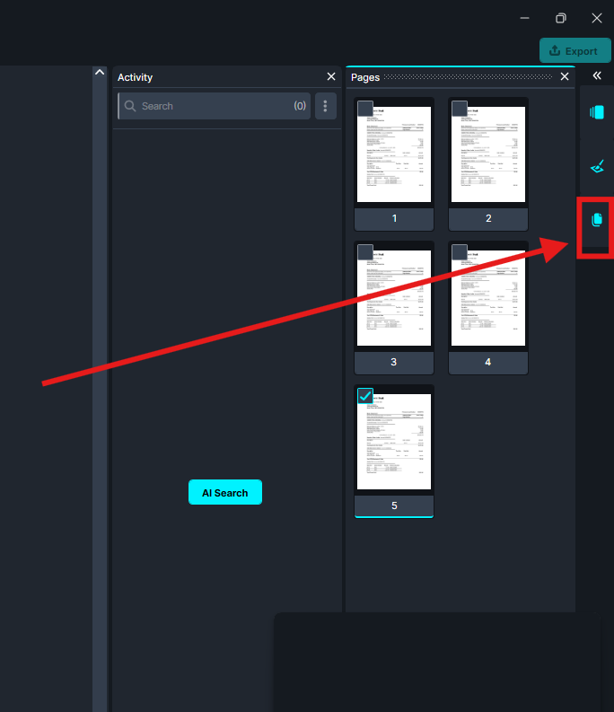 Pages-Tab | CaseGuard UI panel with page thumbnails 1–5 and a highlighted right-side action button; arrow indicates exporting selected pages