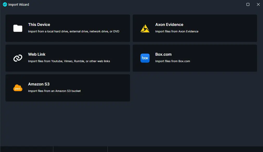 Import Wizard showing sources: This Device, Axon Evidence, Web Link, Box.com, Amazon S3 in a dark UI panel UI.