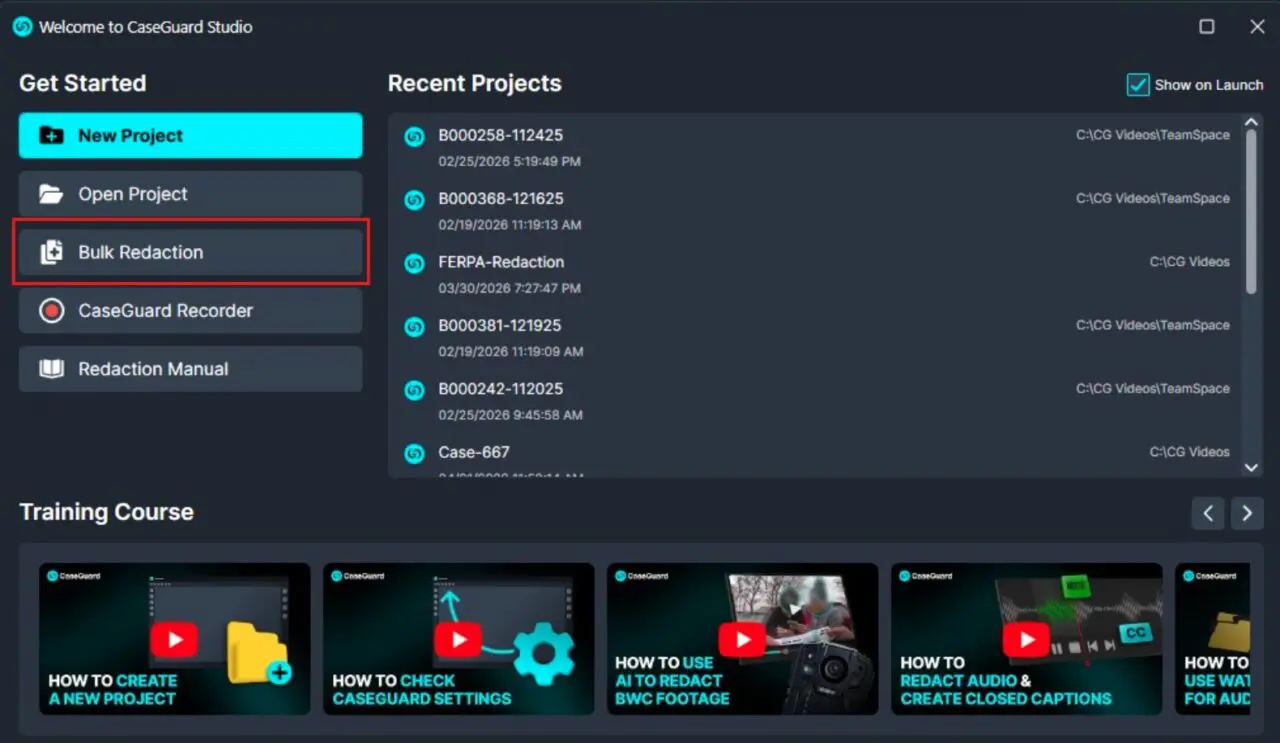 CaseGuard Studio main screen with'New Project' highlighted and 'Bulk Redaction' selected in the left menu; Recent Projects on the right.
