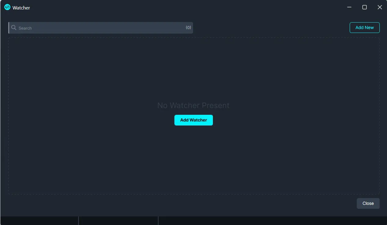 Watcher app window with a search bar, large empty dashboard area, and a centered 'Add Watcher' button showing 'No Watcher Present' message.