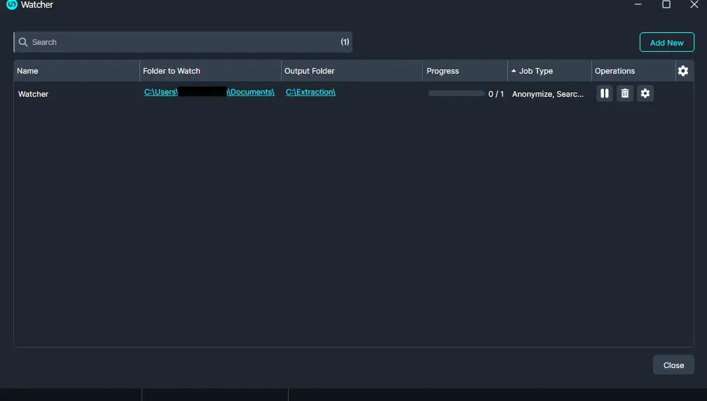 Dark Watcher app window showing one watcher named 'Watcher' with its source folder, output folder, 0/1 progress, and action icons on the right. Close button at bottom-right.