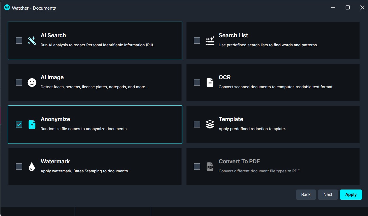 Dashboard of document tools with tiles: AI Search, AI Image, OCR, Anonymize (selected), Watermark, Convert to PDF, Search List, Template, Apply/Next buttons at bottom.