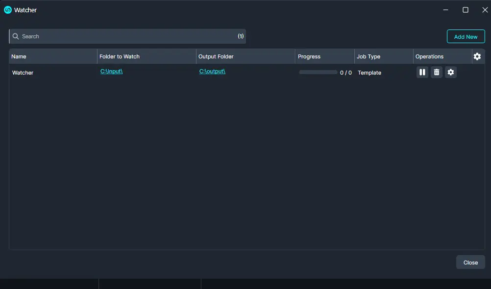 Watcher app window shows a single watch job named Watcher with input C:Input and output C:output, progress 0/0, type Template, and action icons on the right.