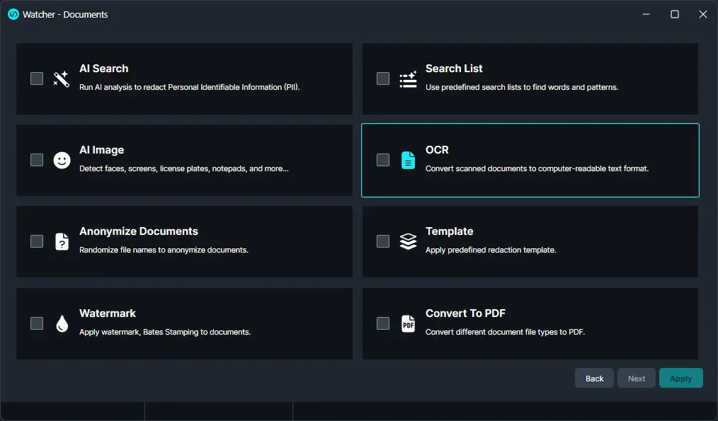 Watcher Documents dashboard with dark tiles for AI Search, AI Image, OCR (selected), Anonymize, Watermark, Template, and PDF conversion features.