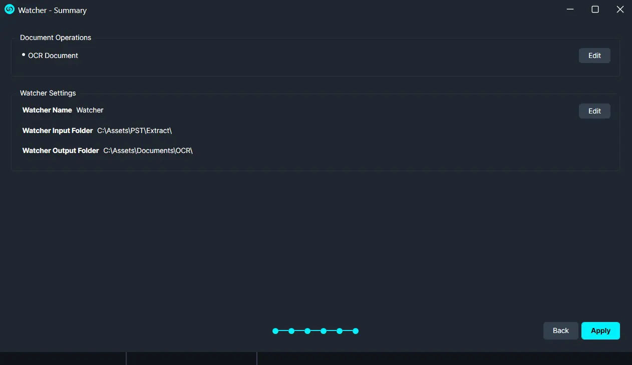 Watcher summary: Document Operations with OCR Document option and Edit button; shows input/output folders and Back/Apply actions