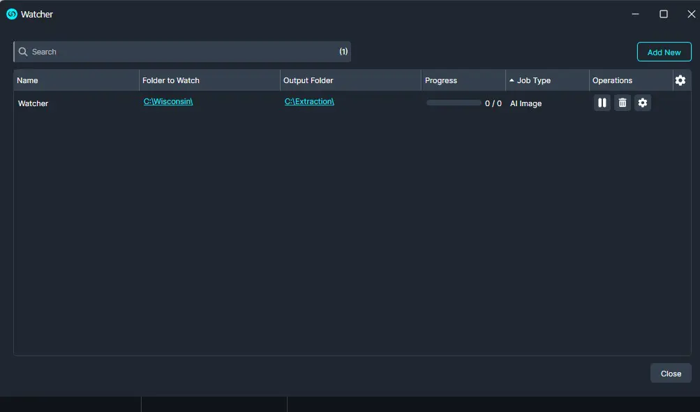 Watcher application window showing one job: input C:Wisconsin, output C:Extraction, progress 0/0, AI Image task named Watcher (dark UI).