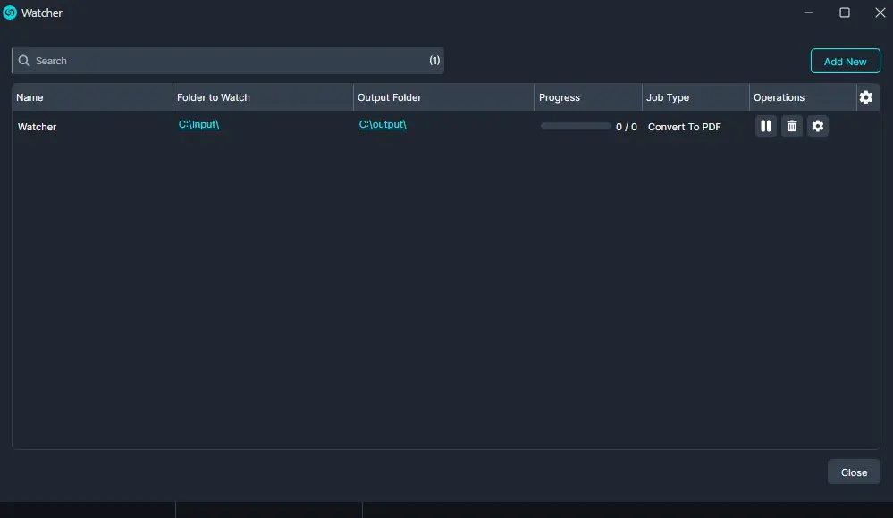 convert-to-pdf-watcher | CaseGuard Watcher app window showing a single task named 'Watcher' with input C:Input and output C:Output folders, progress 0/0, job type 'Convert To PDF'