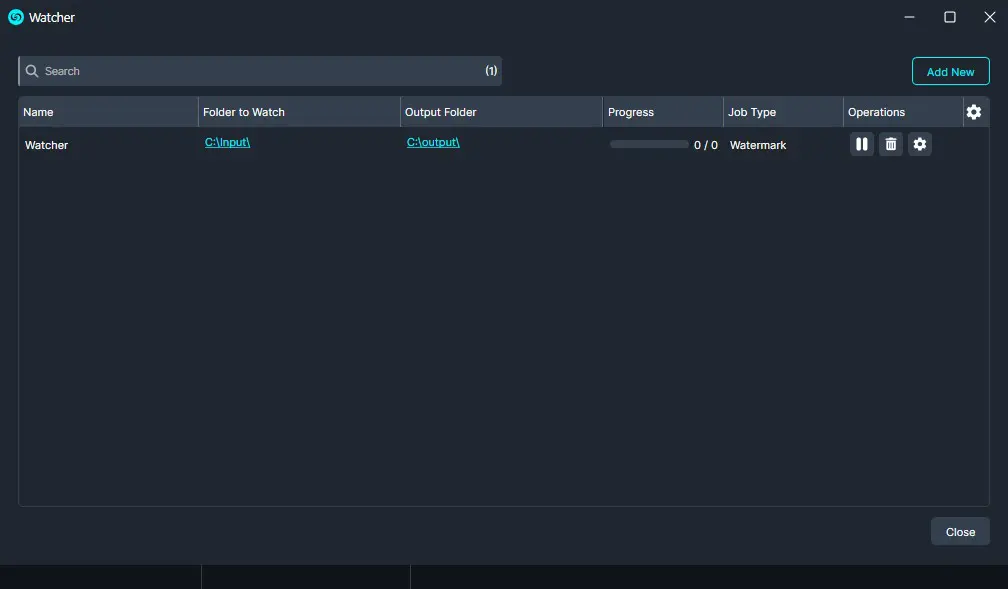 Watcher app window showing a single task named 'Watcher' with input/output folders and a progress bar, on a dark UI with Add New button on the right.