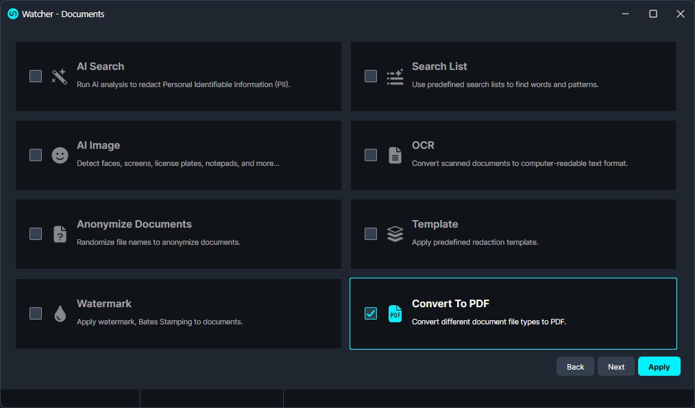 Dark themed document tools dashboard showing options (AI Search, Search List, AI Image, OCR, Anonymize Documents, Template, Watermark) with Convert To PDF selected.