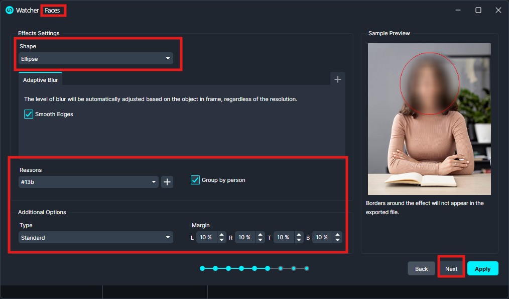 Screenshot of a photo editor's Faces blur settings: shape set to Ellipse, reasons tag #13b with 'Group by person' enabled; sample preview shows a blurred person; Next button highlighted.