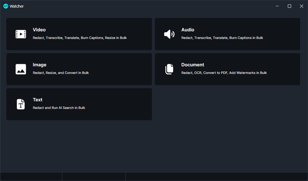 Watcher dashboard tile: Video — Redact, Transcribe, Translate, Burn Captions, Resize in Bulk