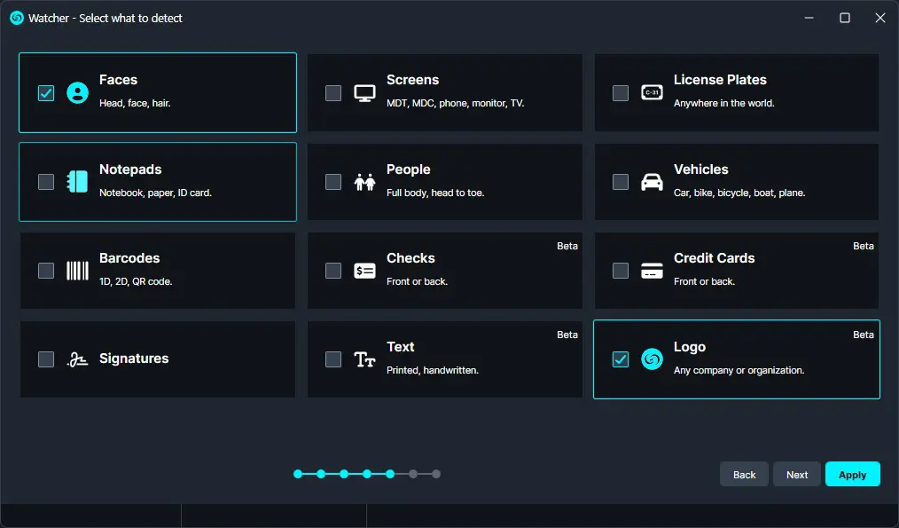Watcher app: dark settings grid to choose detection targets; Faces and Logo are selected; other options include Screens, License Plates, Notepads, People, Vehicles, Barcodes, Checks, Credit Cards, Signatures, Text.