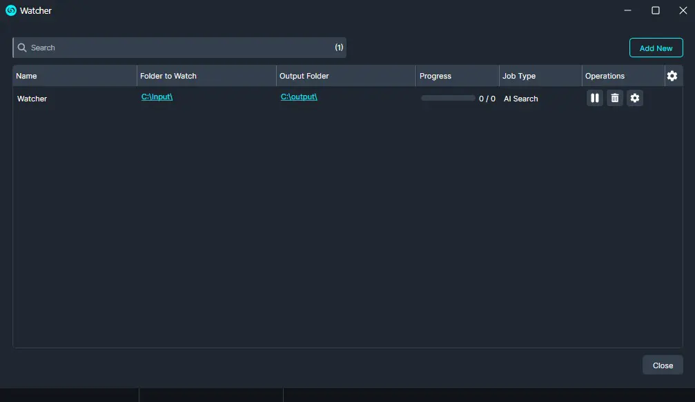 watcher-text-analysis | CaseGuard Watcher application window with one job: input C:Input, output C:Output, progress 0/0, AI Search; Add New at top-right, Close at bottom-right.